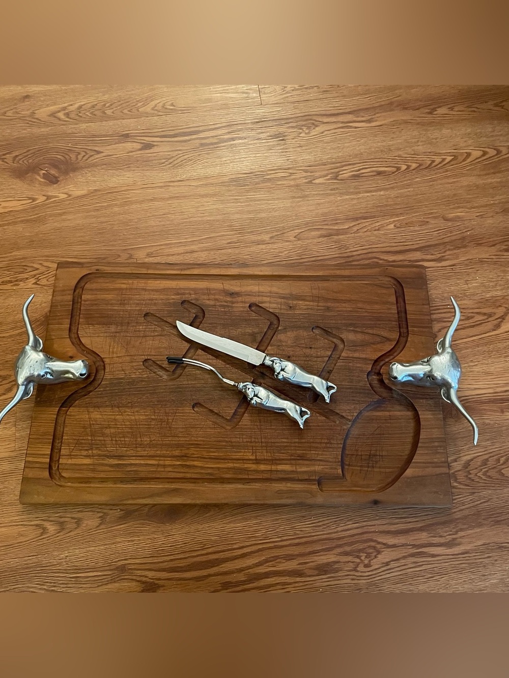 Vtg Bruce Fox Longhorn Steer Carving Board, Knife & Fork Set Charcuterie